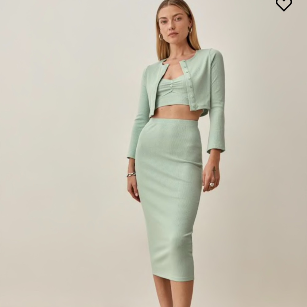 Reformation “Niko” 3 Piece Cardigan Skirt Set Mint Green Medium
